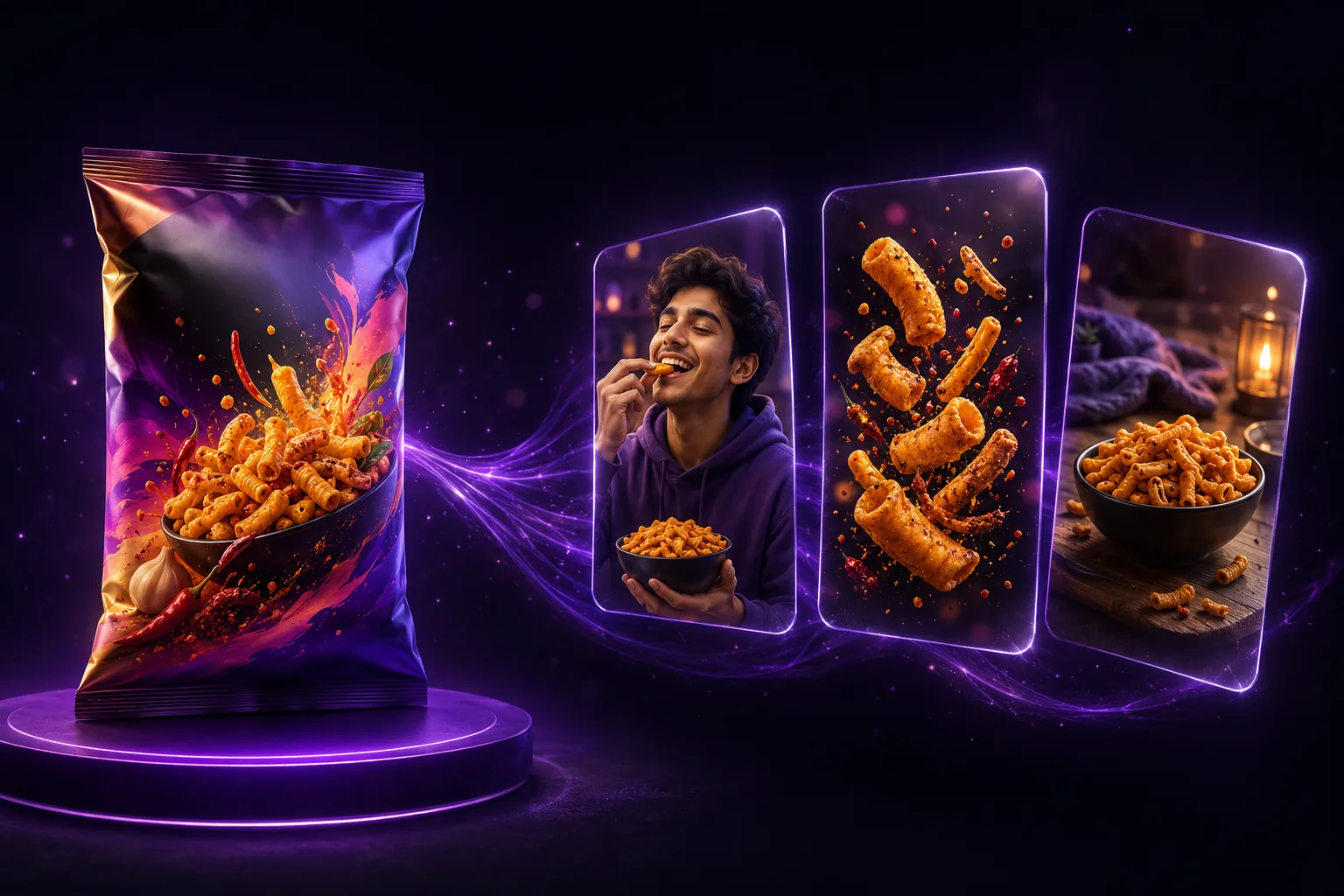 A snack pack turns into three AI-generated ads: a creator tasting it, a crunchy close-up, and a lifestyle bowl.