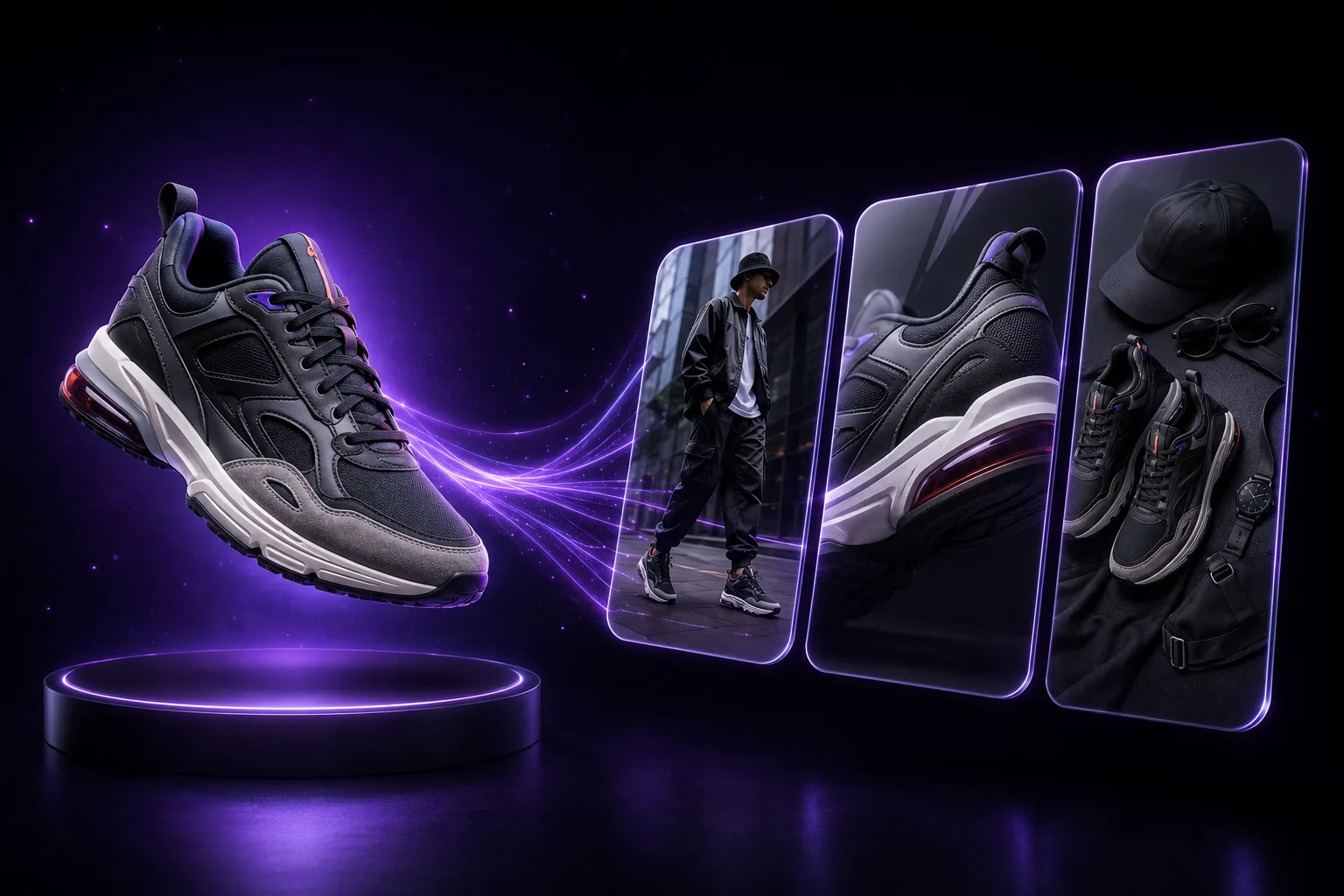 A sneaker turns into three AI-generated ads: a creator on the street, a side close-up, and a streetwear flat-lay.
