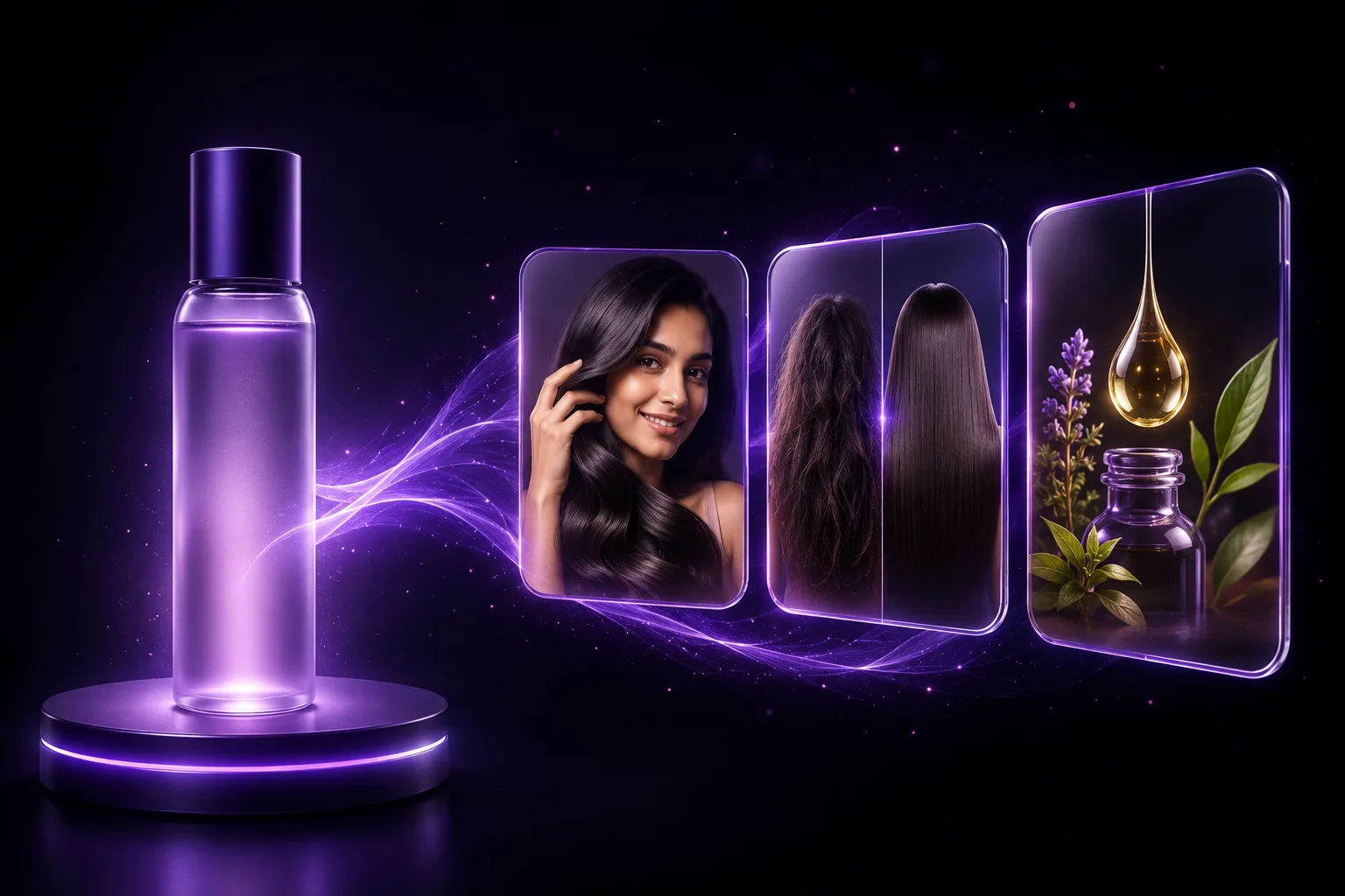 A hair-care bottle turns into three AI-generated ads: a creator with glossy hair, a before-and-after, and a product close-up.
