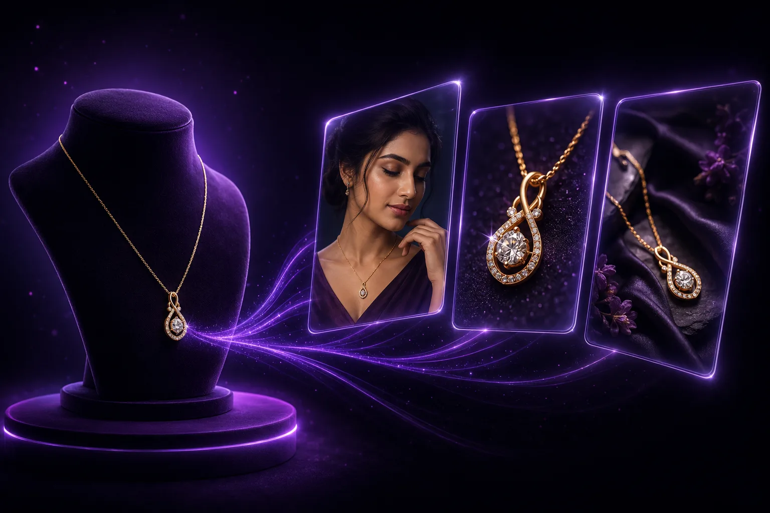 A gold necklace turns into three AI-generated ads: a model wearing it, a sparkling close-up, and a silk flat-lay.