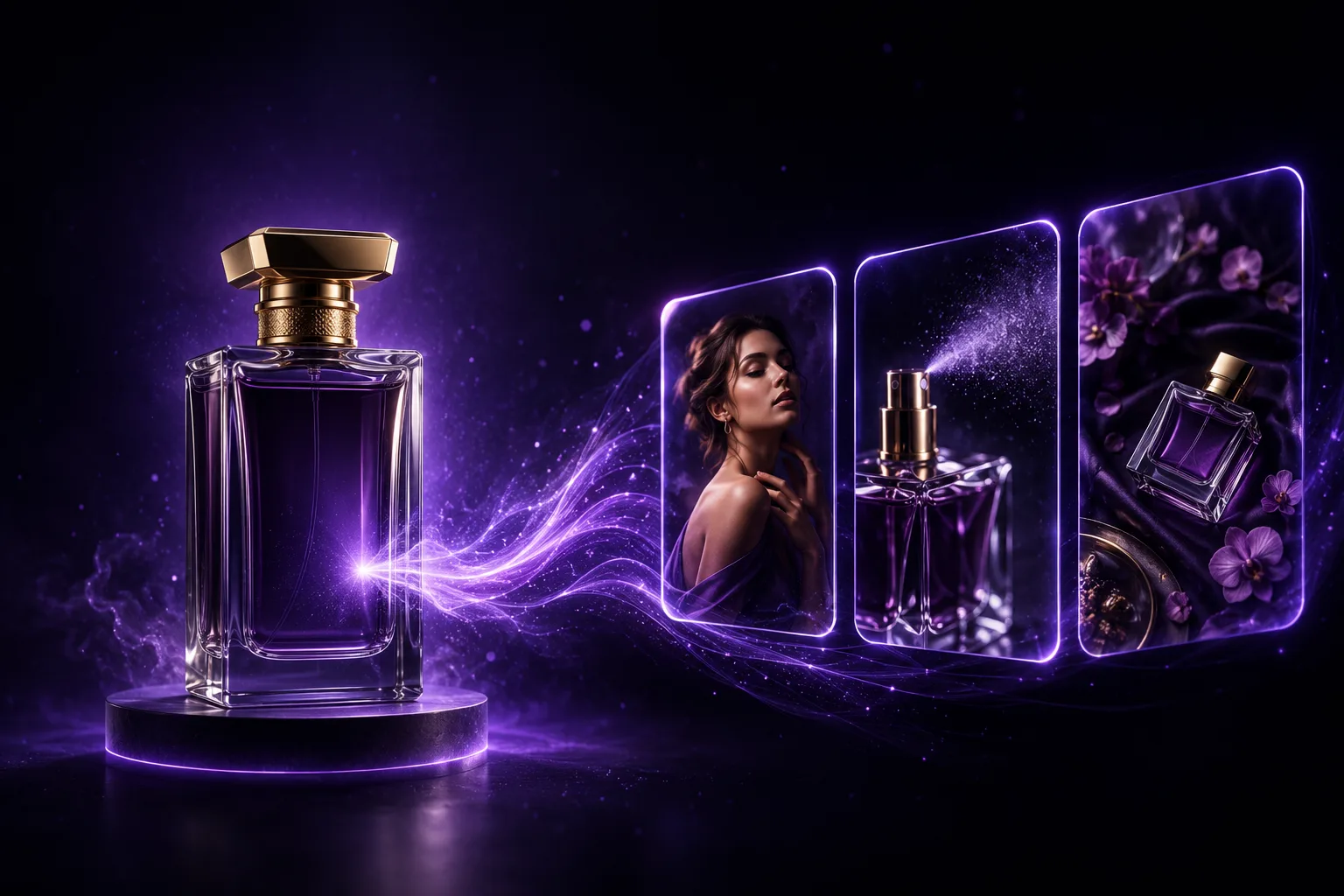 A perfume bottle turns into three AI-generated ads: an elegant model, a misted close-up, and a vanity flat-lay.