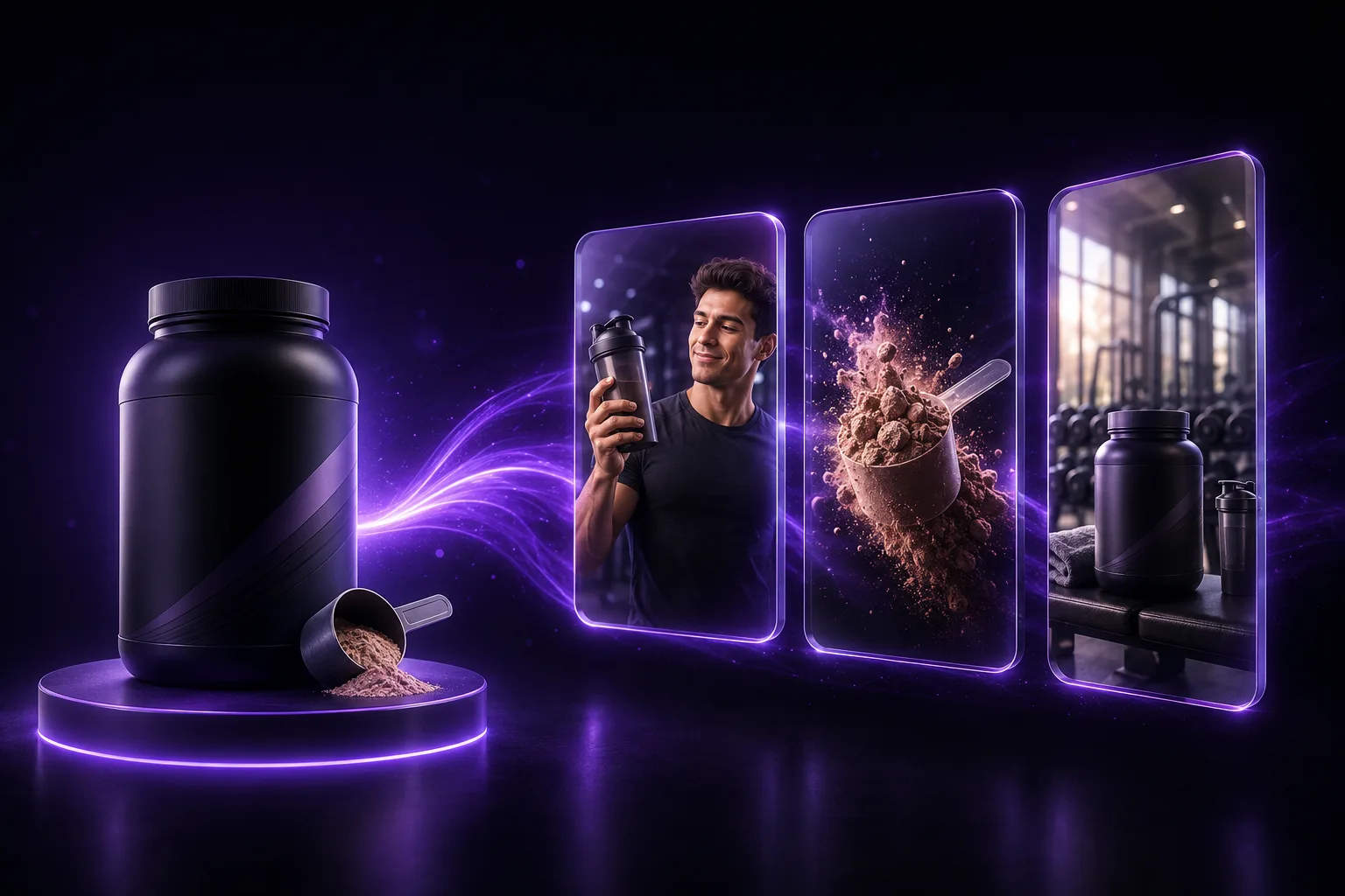 A supplement tub turns into three AI-generated ads: a fitness creator, a powder close-up, and a gym lifestyle shot.