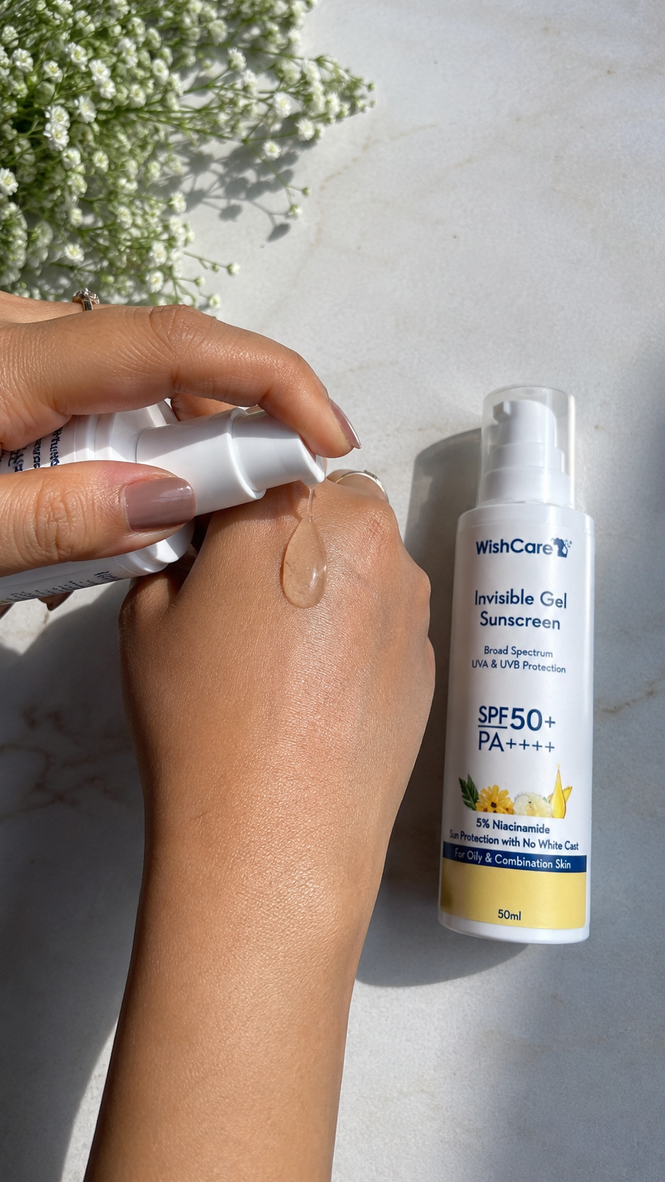 SPF50 gel texture swatch on hand