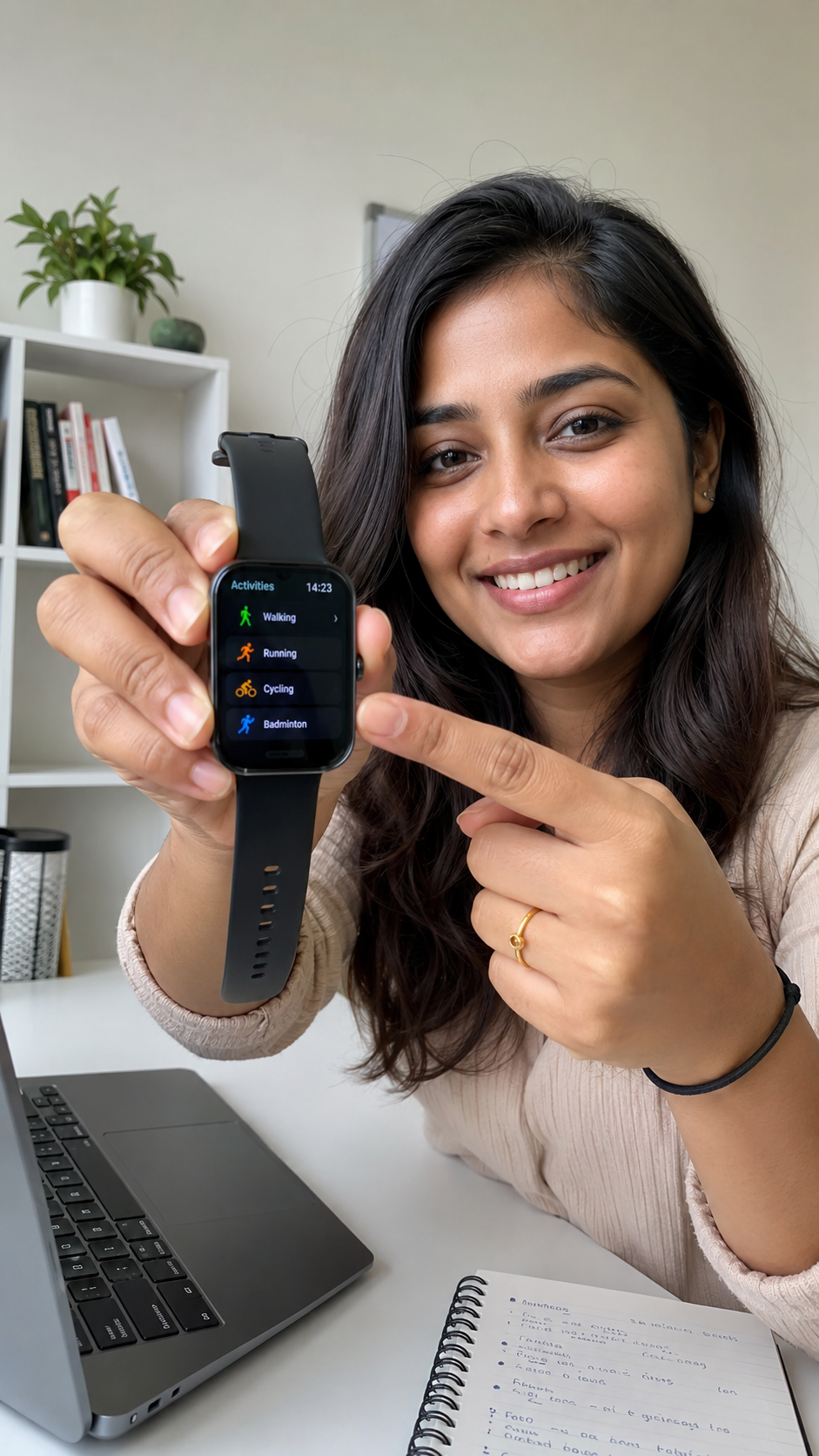 Indian woman demonstrating smartwatch features at desk