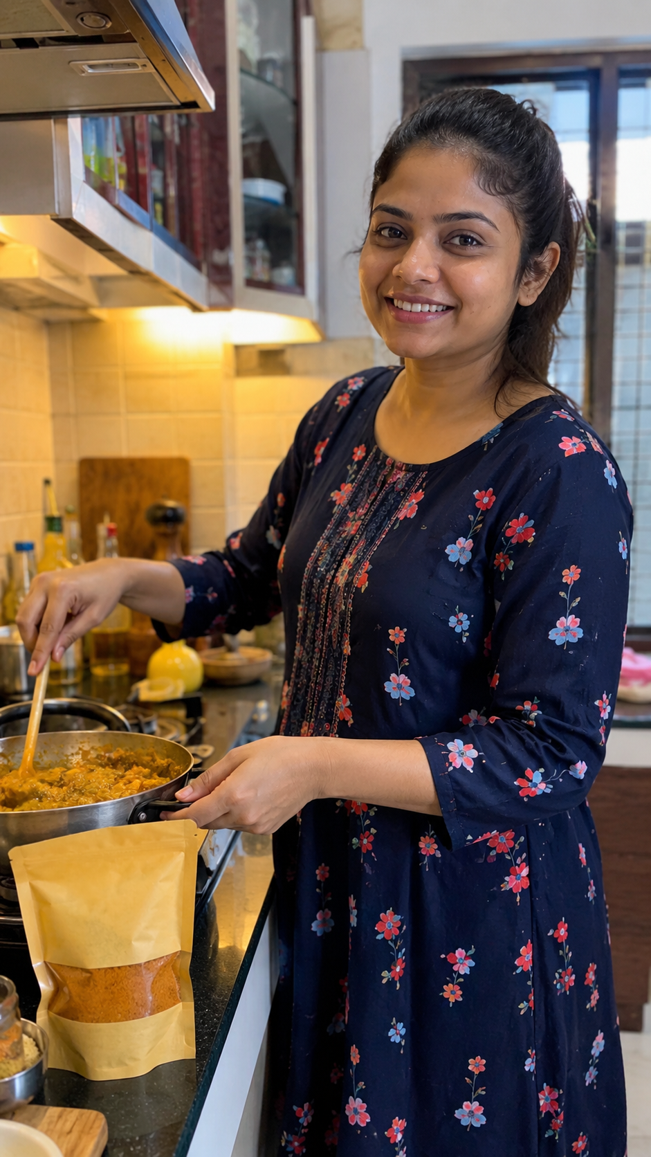 Indian woman cooking with packaged spice mix in kitchen