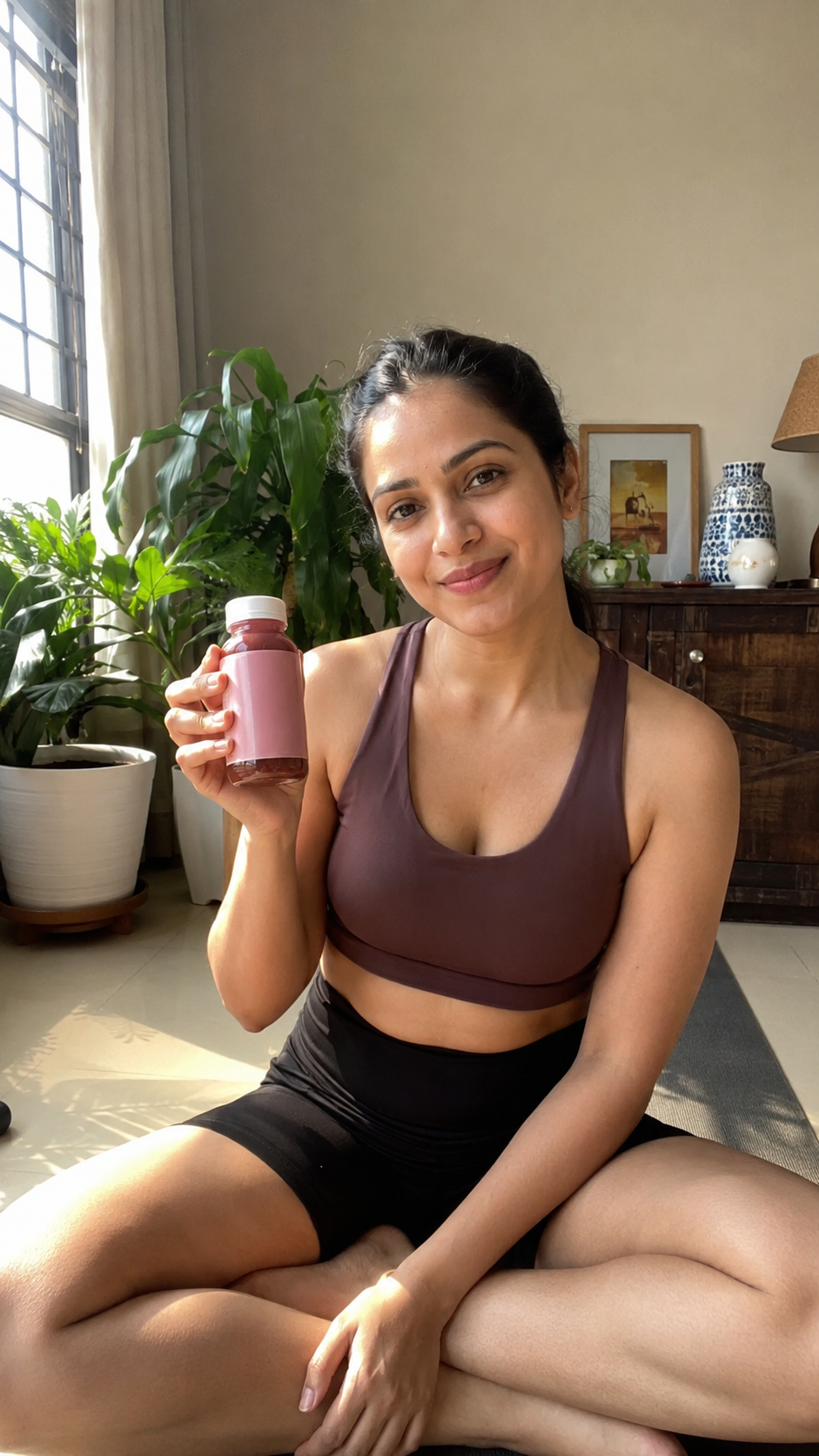 Indian woman on yoga mat holding wellness supplement bottle